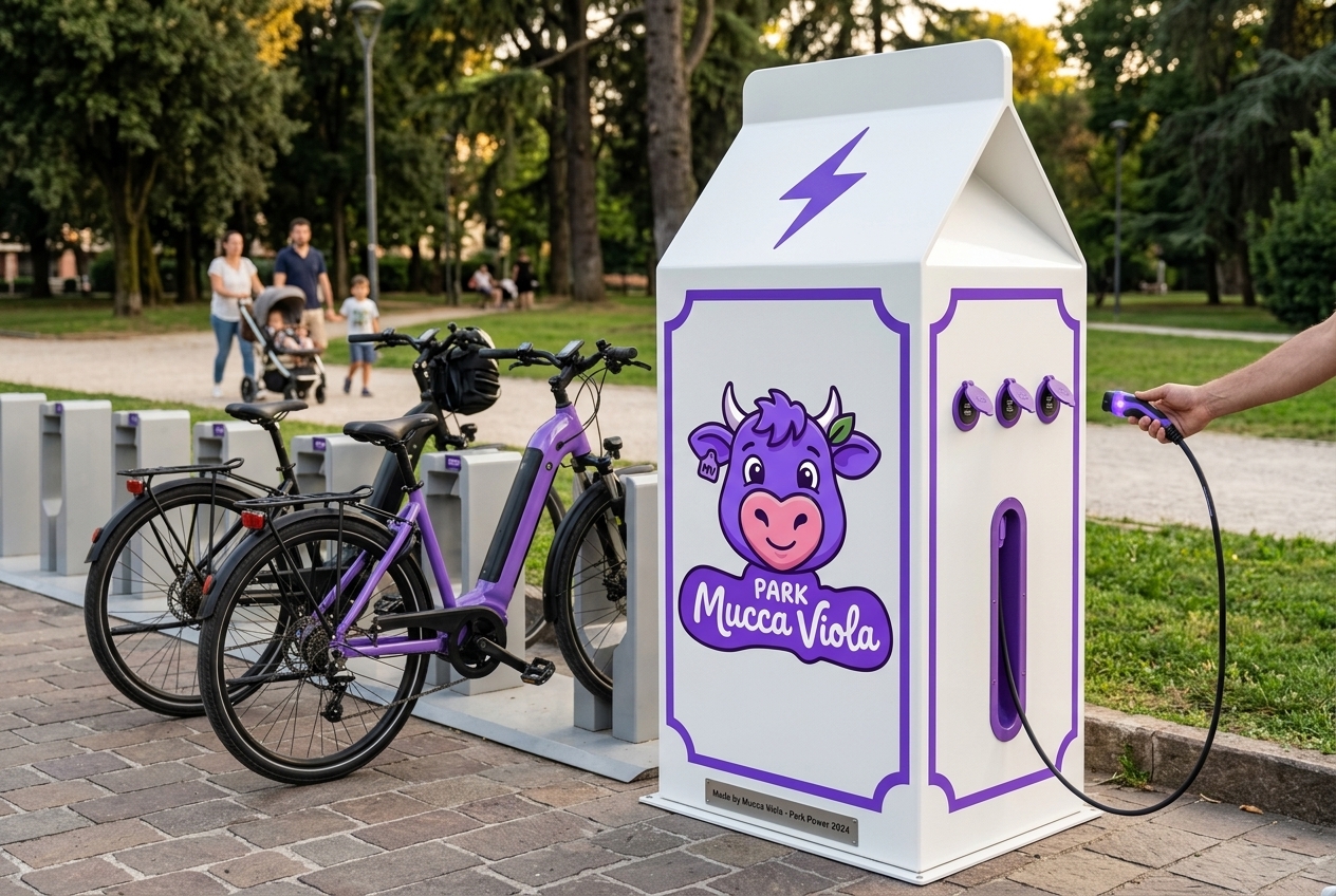 Cartone del Latte Viola — stazione di ricarica e-bike e telefoni